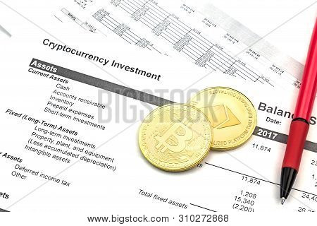 Still Life Of Cryptocurrency With Copy Space. Bitcoin And Ethereum Souvenir Coins With Video Card An