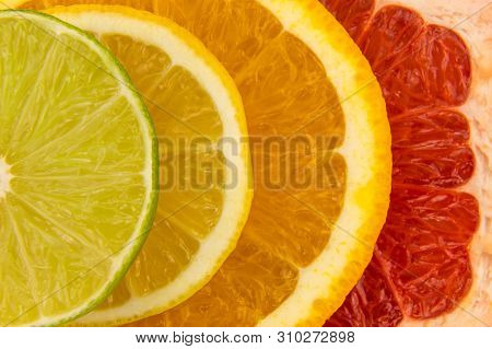 Four Slices Of Citrus Fruits, Closeup Background.