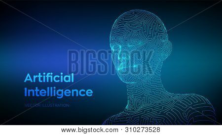 Artifactial Intelligence Concept. Ai Digital Brain. Abstract Digital Human Face. Human Head In Robot