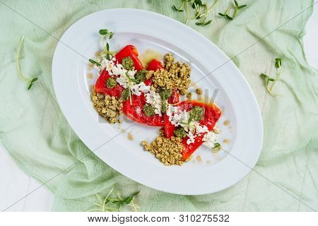 Grilled Red Pepper Marinated Salad Lunch Flat Lay. Escalivada Grill Cooked Vegetable Food On White P