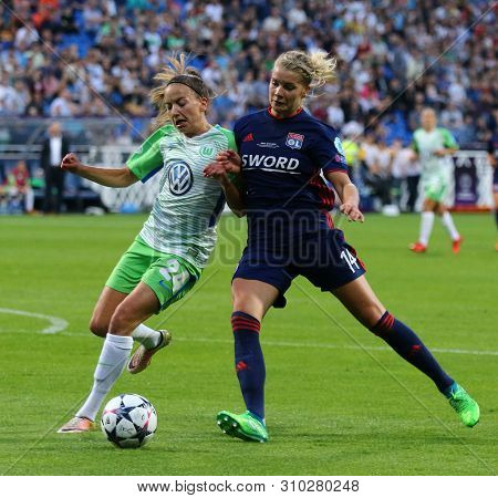 Kyiv, Ukraine - May 24, 2018: Joelle Wedemeyer Of Vfl Wolfsburg Fights For A Ball With Ada Hegerberg