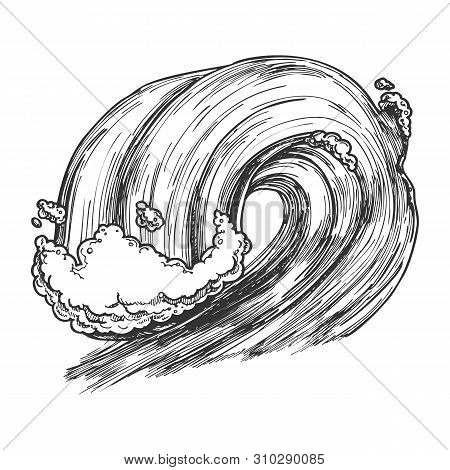 Breaking Tropical Sea Marine Wave Storm Vector. Giant Foamy Water Wave Tunnel For Coastline Extreme 