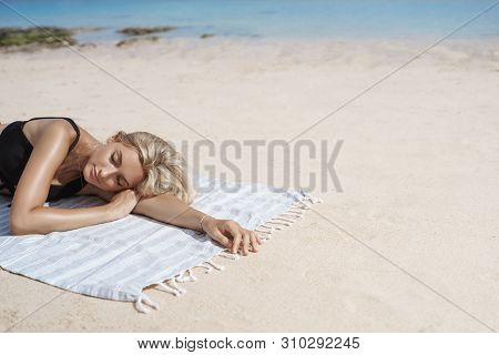 Charming Carefree Relaxed Girlfriend Taking Nap During Sunbathing Lie Sandy Beach Blanket Closed Eye