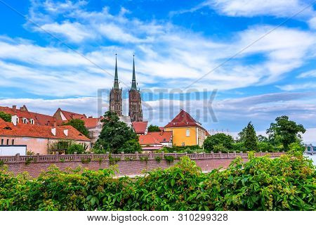Wroclaw, Poland Panorama Of Ostrow Tumski Island, Odra Or Oder River And Cathedral Towers