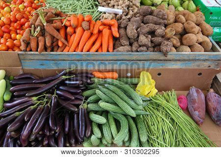 Local Vegetables Market In El Nido, Palawan, Philippines. Colorful Veggies.