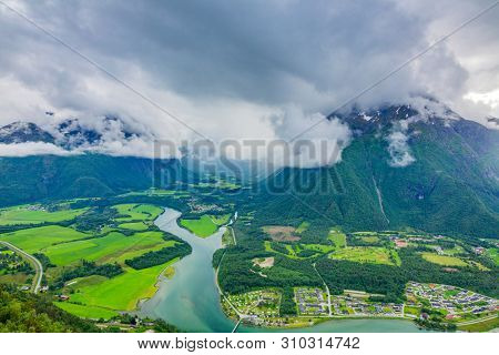 Aerial view on Andalsnes, Norway,  Mountain Landscape and Fjord View, Rauma, Romsdal, Norway. 
