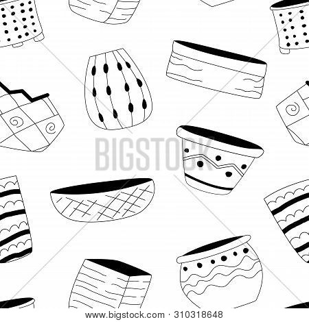 Seamless Pattern With Black And White Flower Pots On A White Background. Vector Print In Minimalisti