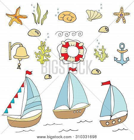 A Set Of Pictures Of The Sea Mood To Create Design Work. Cartoon Lines Art. Vector Hand Draw Illustr