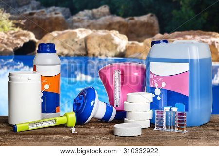 Equipment With Chemical Cleaning Products And Tools For The Maintenance Of The Swimming Pool.