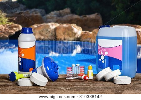 Equipment With Chemical Cleaning Products And Tools For The Maintenance Of The Swimming Pool.