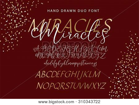 Hand Drawn Vector Alphabet. Duo Font With Letters, Numbers, Symbols And Golden Decor. For Calligraph