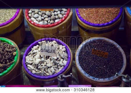 Counter In The Store With Spices Ginger Pepper