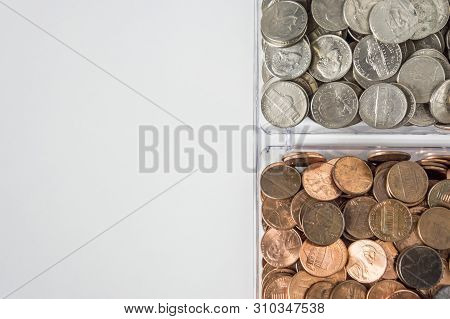 Organized Loose Coin Change On Right Side, Blank Empty Room Space For Text Left