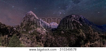 Coromandel Pinnacles at Coromandel Forest Park under the stars. Coromandel Peninsula, New Zealand. Panoramic photo