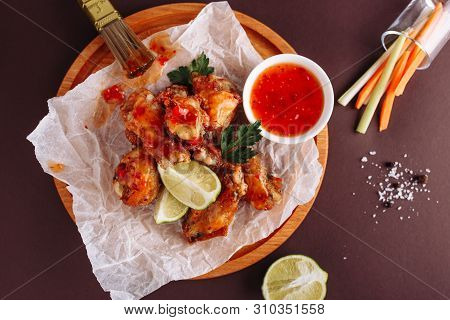 Chicken Wing Sauce Spicy Grill Top Down View. Barbecue Buffalo Tasty Crispy Skin Meat Dip Grilled Pu