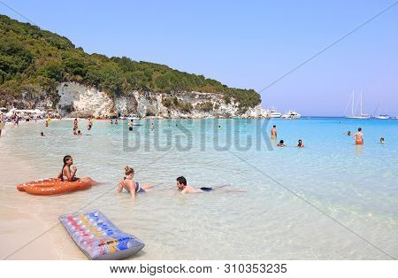 Antipaxos Greece, August 30 2017: Landscape Of Voutoumi Beach Antipaxos Ionian Islands Greece. Edito