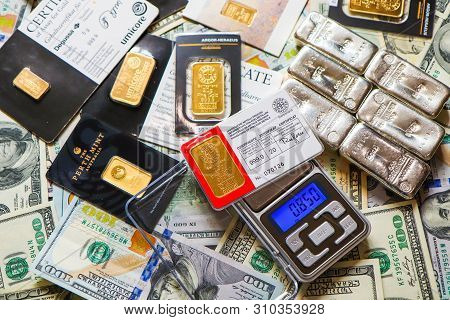 Kiev, Ukraine - April 17, 2019: Gold And Silver Bars From Different Manufacturers: Umicore, Valcambi