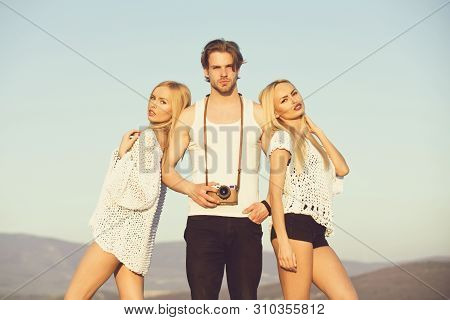 Love And Romance. Guy With Photo Camera On Athletic Chest. Beauty And Art Fashion. Man With Muscular
