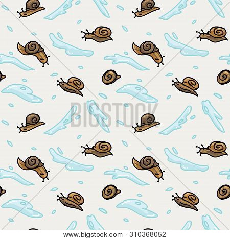 Cute Slimy Snail Cartoon Seamless Vector Pattern. Hand Drawn Garden Pest Tile. All Over Print For Es