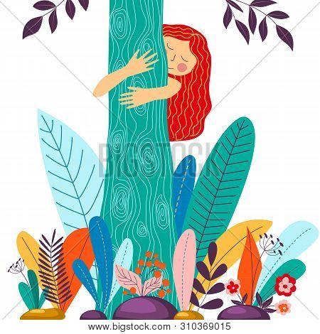 Young Girl Hugging Tree. Eco Friendly, Environment Preservation Concept.