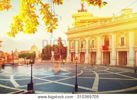 Campidoglio Square, Capitoline Hill In Rome, Italy At Autumn
