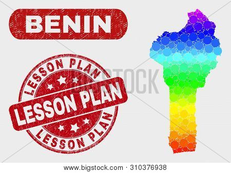 Spectral Dot Benin Map And Seal Stamps. Red Rounded Lesson Plan Scratched Seal Stamp. Gradiented Rai
