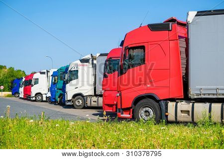 Warshaw region, Poland - June, 30, 2019: trucks on a parking in Poland