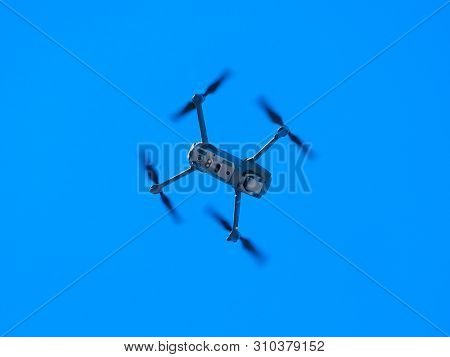 Moscow, Russia - June, 6, 2019: the image of dron fliing in the sky