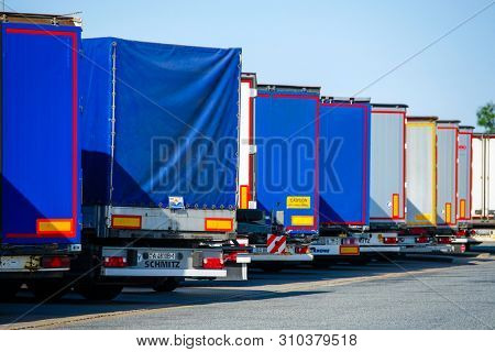 Warshaw region, Poland - June, 30, 2019: trucks on a parking in Poland