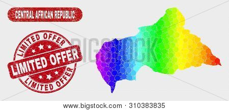 Rainbow Colored Dot Central African Republic Map And Rubber Prints. Red Round Limited Offer Grunge S