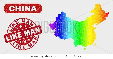 Rainbow Colored Dot China Map And Seal Stamps. Red Round Like Man Scratched Seal Stamp. Gradient Rai