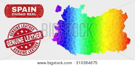 Rainbow Colored Dot Ciudad Real Province Map And Rubber Prints. Red Round Genuine Leather Grunge Sea