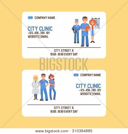Medical Business Card With Doctors Vector Illustration. Medics Specialist Badge Template For Medicin