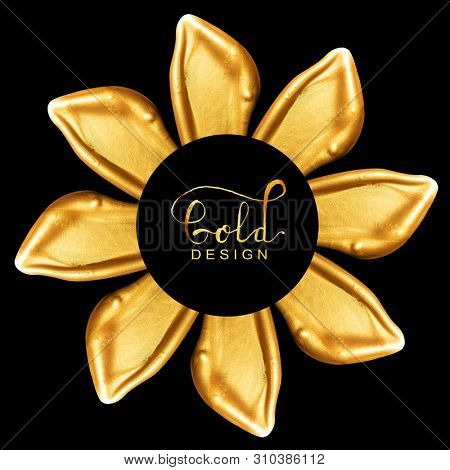 Creative brushstrokes of gold paint isolated on a black background. Gold paint texture.Acrylic gold paint. Smears of cosmetics, blush, highlighter, eye shadow, lipstick.