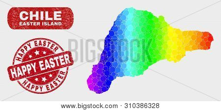 Rainbow Colored Dotted Easter Island Map And Stamps. Red Round Happy Easter Distress Stamp. Gradient