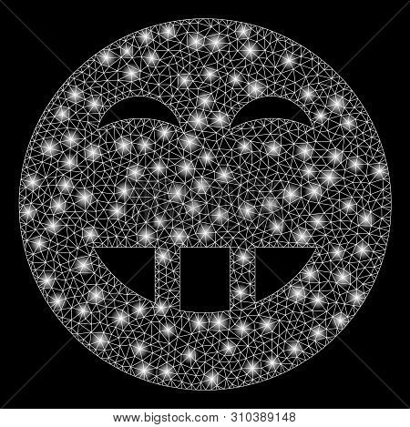 Flare Mesh Laugth Smiley With Glare Effect. Abstract Illuminated Model Of Laugth Smiley Icon. Shiny 