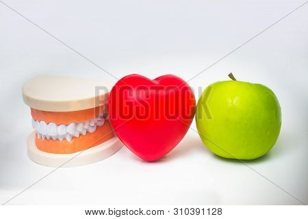 False Teeth Denture Against Green Apple. Dental Prosthesis Care. Denture And Apple In The Hands Of A