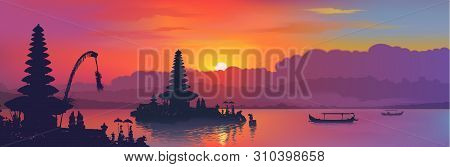Black Balinese Water Temples And Fisherman Boats Silhouettes On Rainbow Colors Sunset Sky Background