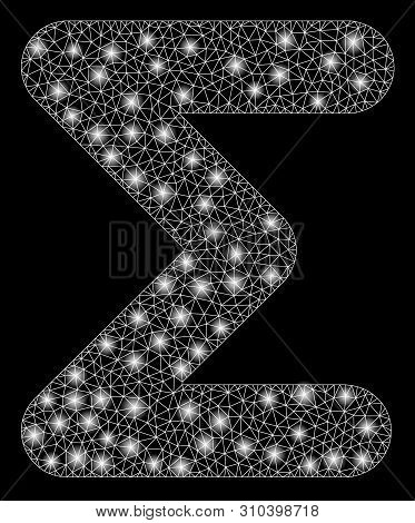 Flare Mesh Sum With Glitter Effect. Abstract Illuminated Model Of Sum Icon. Shiny Wire Carcass Trian