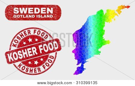 Rainbow Colored Dot Gotland Island Map And Seals. Red Round Kosher Food Textured Seal Stamp. Gradien