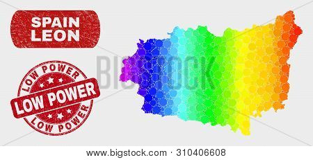 Spectral Dot Leon Province Map And Seal Stamps. Red Round Low Power Distress Stamp. Gradient Spectru