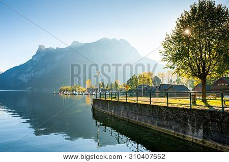 Traunsee Lake In Alps Mountains At Sunrise, Austria. Beautiful Summer Landscape