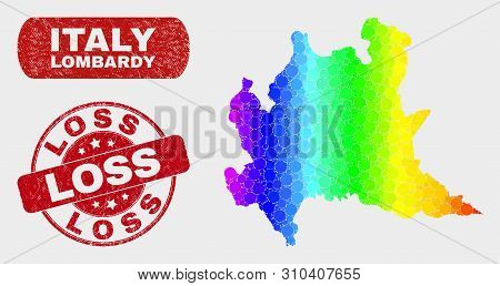 Spectral Dot Lombardy Region Map And Watermarks. Red Round Loss Grunge Watermark. Gradiented Spectru