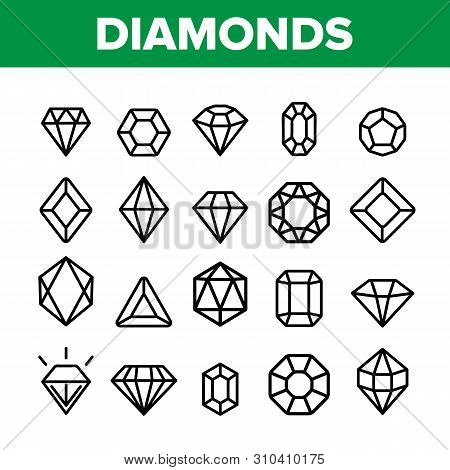 Diamonds, Gems Vector Thin Line Icons Set. Diamonds, Gems Cutting Types Linear Pictograms. Precious 