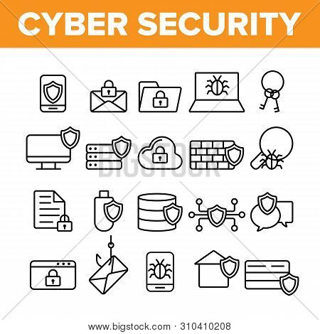 Cyber Security Vector Thin Line Icons Set. Cyber Security, Information Protection Linear Pictograms.