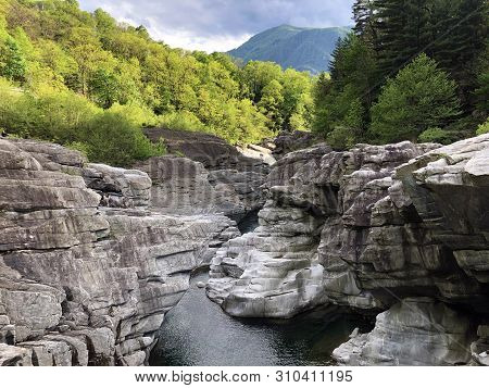 Granite Rock Formations In The Maggia River In The Maggia Valley Or Valle Maggia, Tegna - Canton Of 