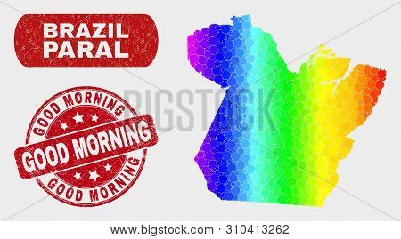 Rainbow Colored Dot Paral State Map And Watermarks. Red Round Good Morning Textured Seal Stamp. Grad