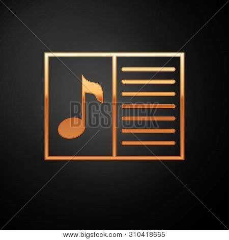 Gold Music Book With Note Icon Isolated On Black Background. Music Sheet With Note Stave. Notebook F