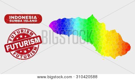 Rainbow Colored Dot Sumba Island Map And Rubber Prints. Red Rounded Futurism Textured Seal Stamp. Gr