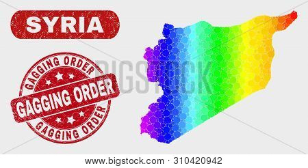 Spectral Dotted Syria Map And Stamps. Red Round Gagging Order Scratched Seal Stamp. Gradiented Spect